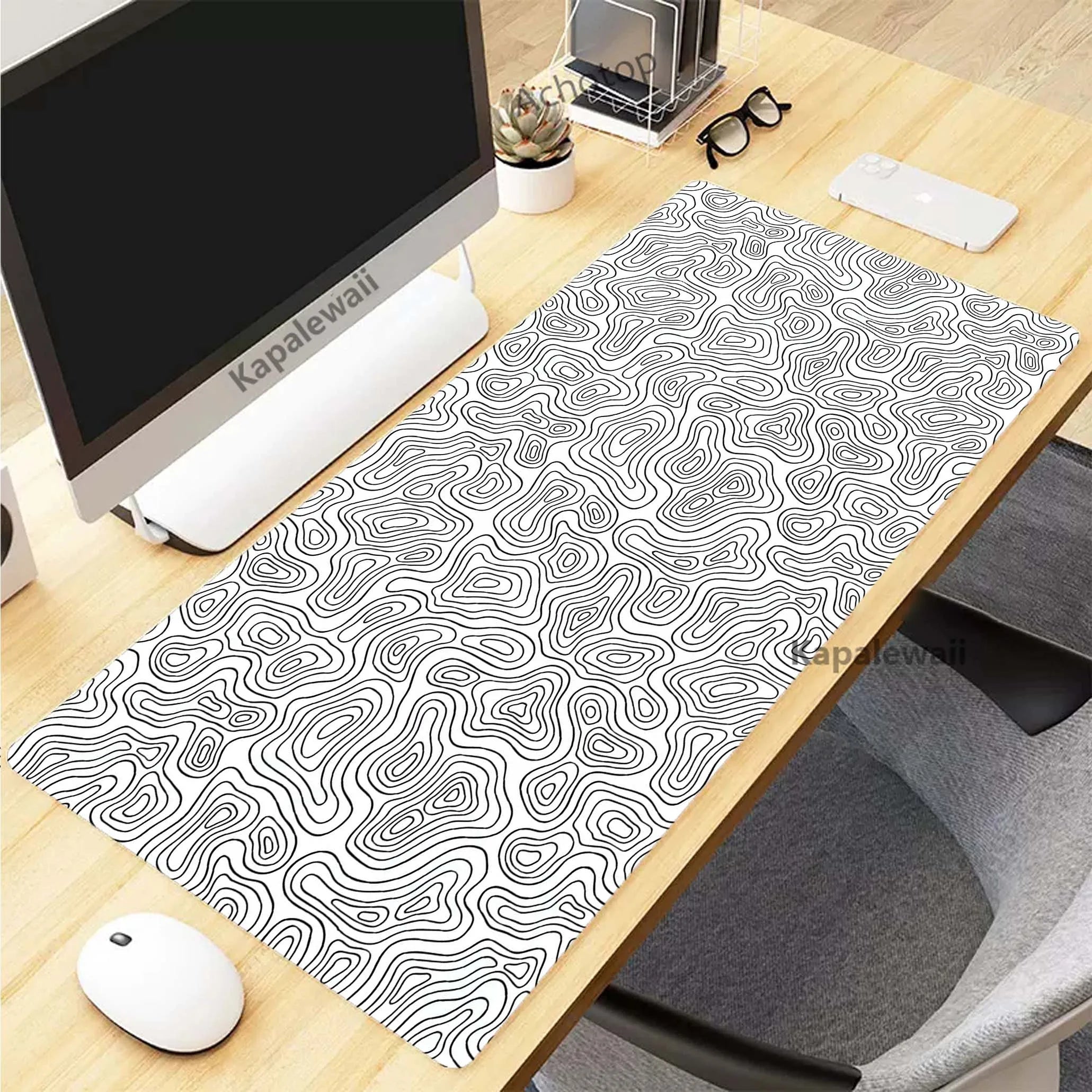 Black and White Topographic Map Art Mouse Pad XXL Mousepad Rubber Keyboard Pads Gaming Setup Accessories Mouse Mat 900X400Mm